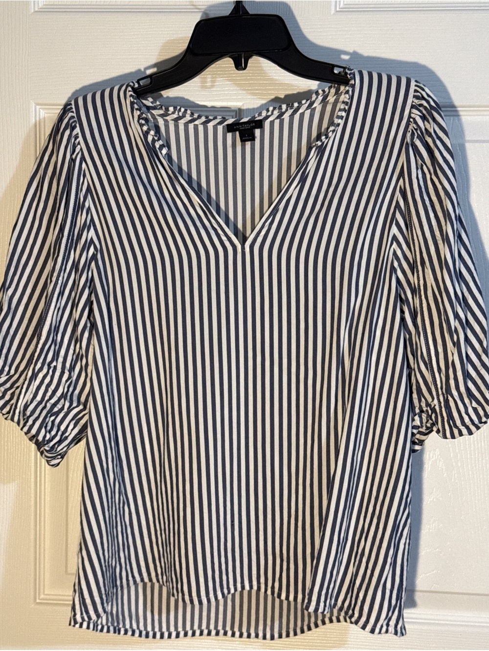 Ann Taylor Navy and White Striped V-Neck Blouse